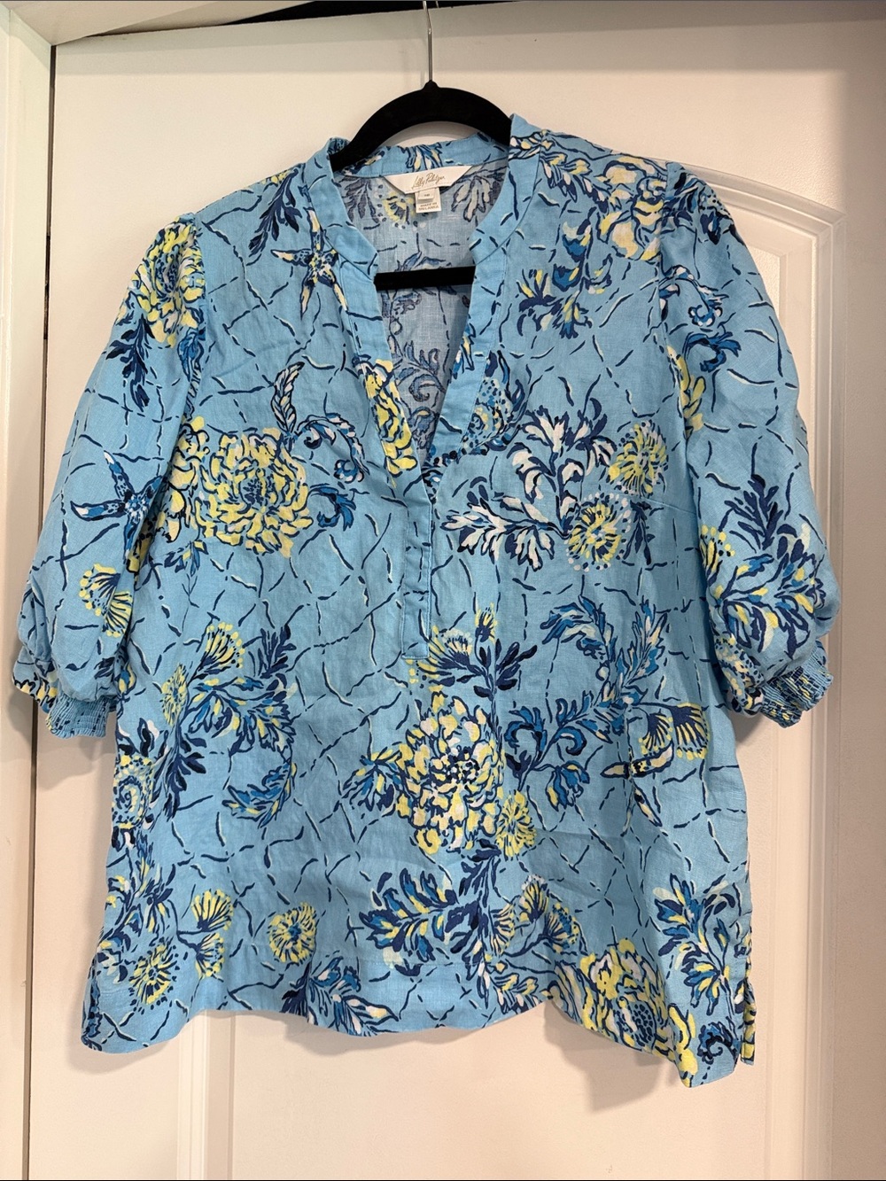 Lilly Pulitzer Linen Floral Split-Neck Shirt Women's Top Summer Vacation party